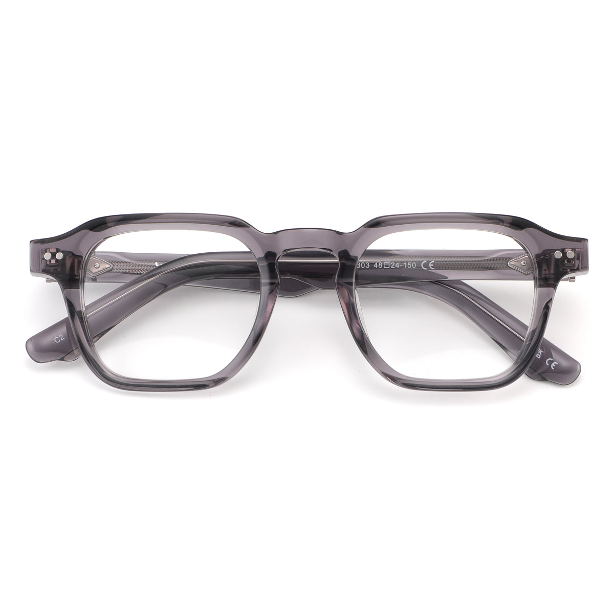 Pair of gray eyeglasses on a white background
