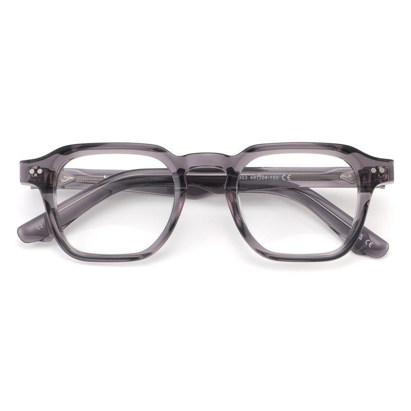 Pair of gray eyeglasses on a white background