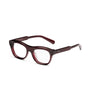 Pair of eyeglasses with a dark brown /mahogany frame on a white background 