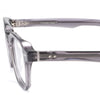 Close-up of a pair of eyeglasses with a clear frame on a white background