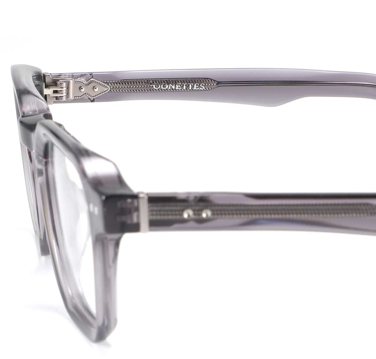 Close-up of a pair of eyeglasses with a clear frame on a white background