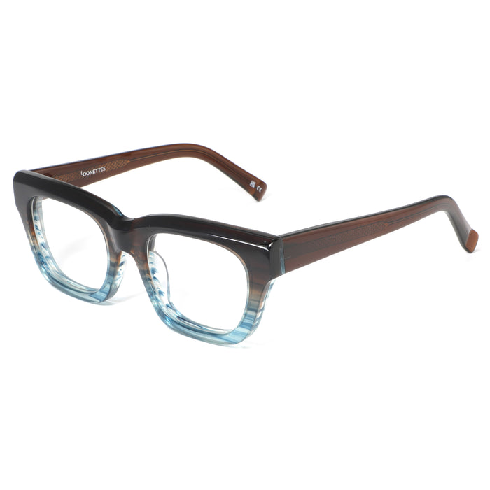 Eyeglasses with a brown and blue gradient frame on a white background