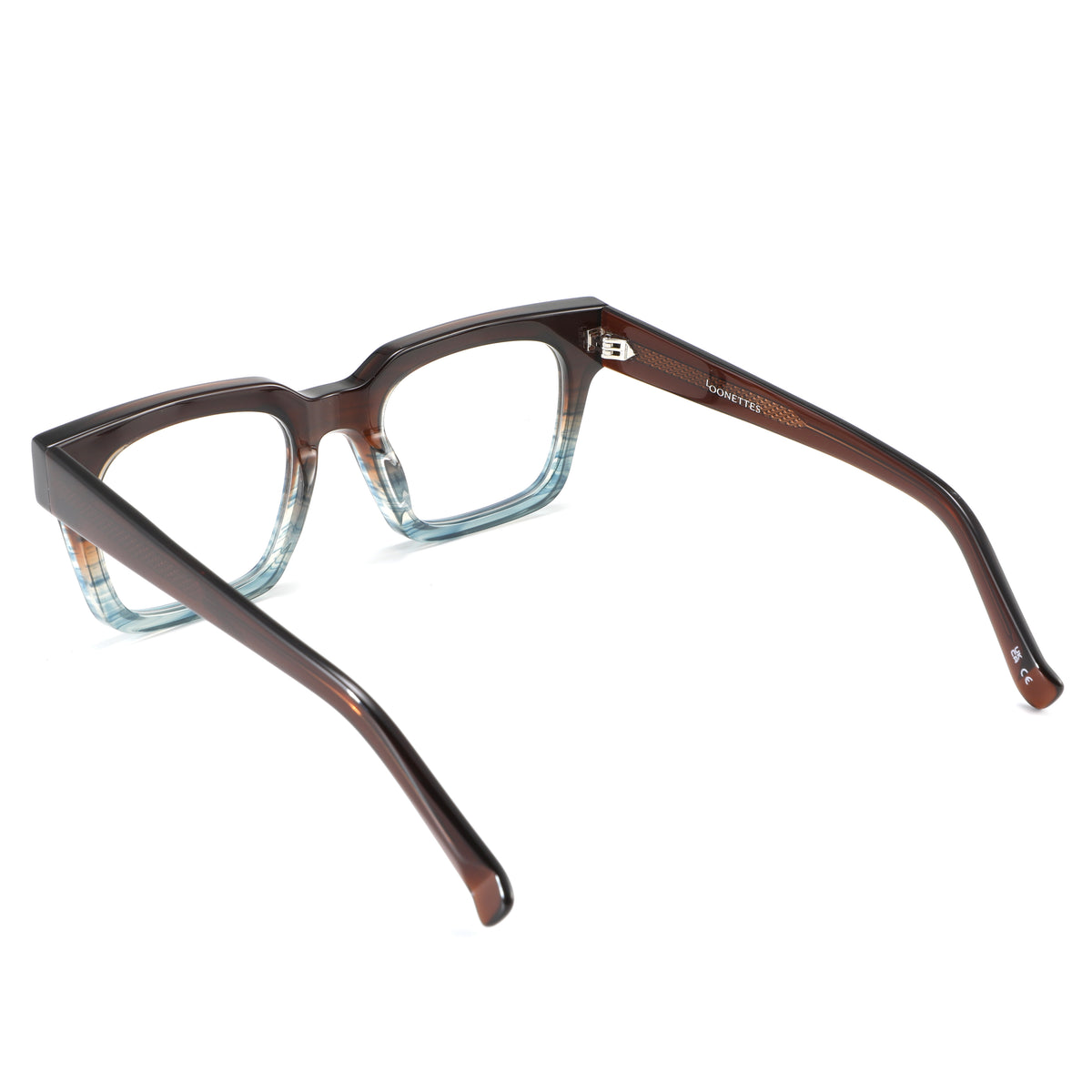 Brown eyeglasses with a clear bridge on a white background