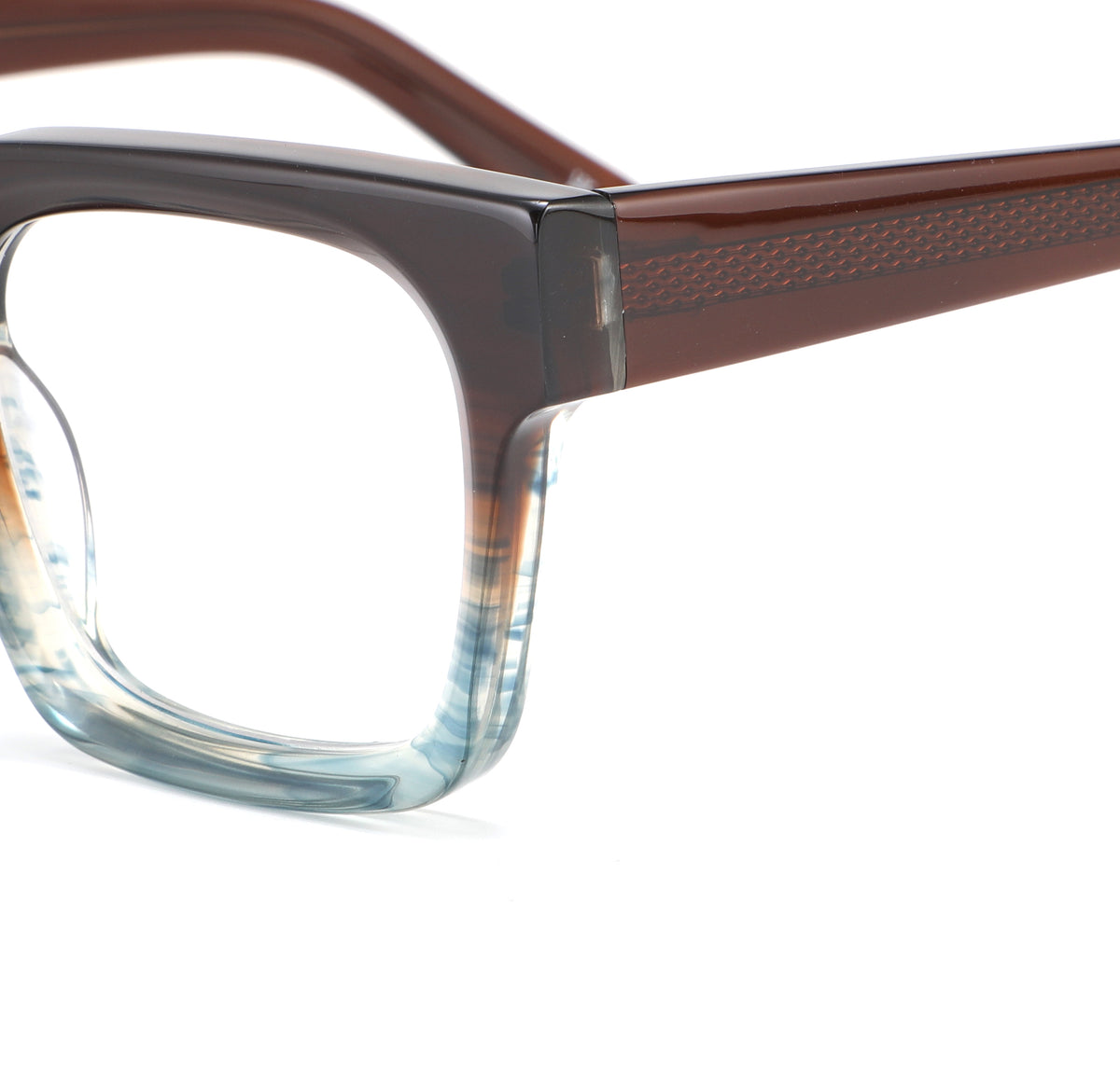Close-up of a pair of eyeglasses with a brown frame and clear lenses on a white background.