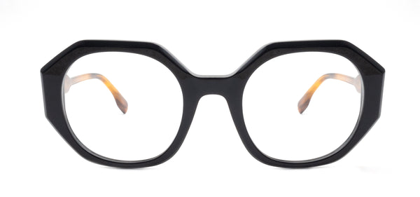 Front view of black geometric eyeglass frames with clear lenses