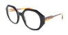 Black geometric eyeglass frames with amber tortoiseshell arms